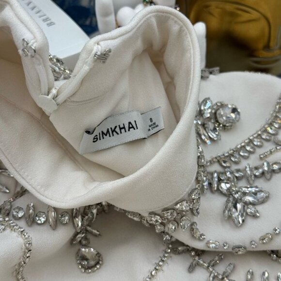 🆕 SIMKHAI 🧿 NWOT Odetta Crystal Embellished Cream Long Sleeve Midi Dress, Sz 8 - Picture 15 of 16